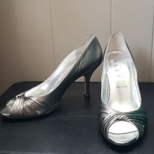 Something Bleu Bridal Pewter Silver Metallic Knot Open Toe Heels Women's…